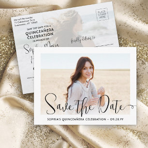 Cartão Postal De Anúncio 2 Fotos Quinceañera Moderno Script Salve a Data