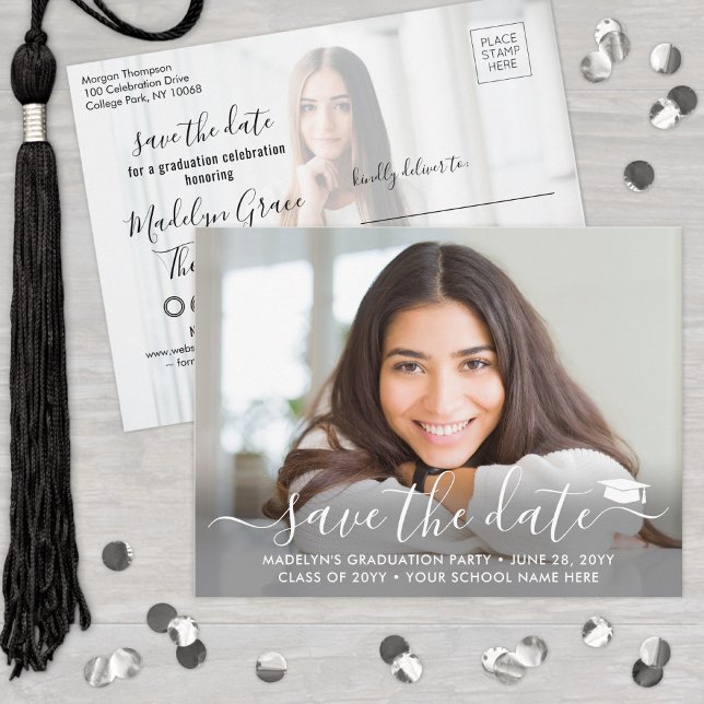 Cartão Postal De Anúncio 2 Photo Graduation Modern Script Save the Date (Criador carregado)