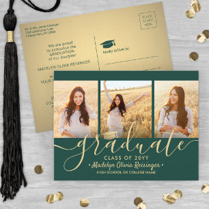 Cartão Postal De Anúncio 3 Photo Collage Script Green and Gold Graduation