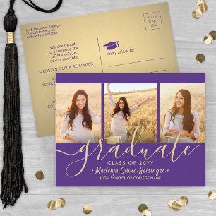 Cartão Postal De Anúncio 3 Script de Colagem de Fotos Roxo e Dourado Gradua