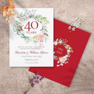 Cartão Postal De Anúncio 40th Wedding Ruby Anniversary Save the Date Floral