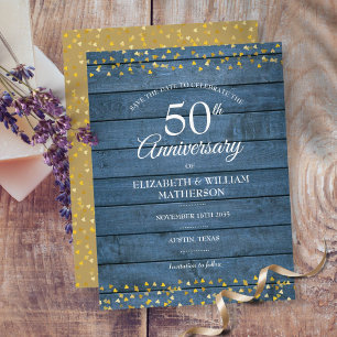 Cartão Postal De Anúncio 50º Aniversário Corações Rústicos em Ouro Salve a 