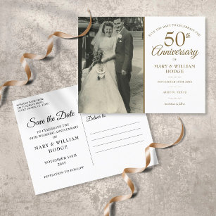 Cartão Postal De Anúncio 50º aniversário Foto de casamento Salva a data