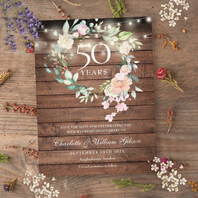 Cartão Postal De Anúncio 50º aniversário Salve a Data Rustic Floral (50th Anniversary Save the Date Rustic Floral Announcement Postcard)