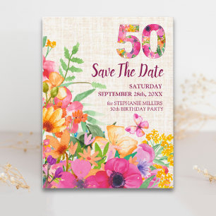 Cartão Postal De Anúncio 50 anos flores Floral Linen 50º aniversário
