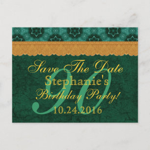 Cartão Postal De Anúncio 90º Save the Date Laço Verde e Dourado
