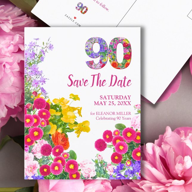 Cartão Postal De Anúncio 90 Birthday Floral Garden Guarde a Data (Criador carregado)