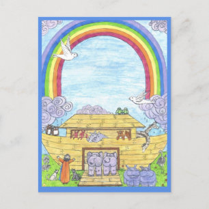 Cartão Postal De Anúncio A Arca de Noé é Watercolor Rainbow Engraçado El