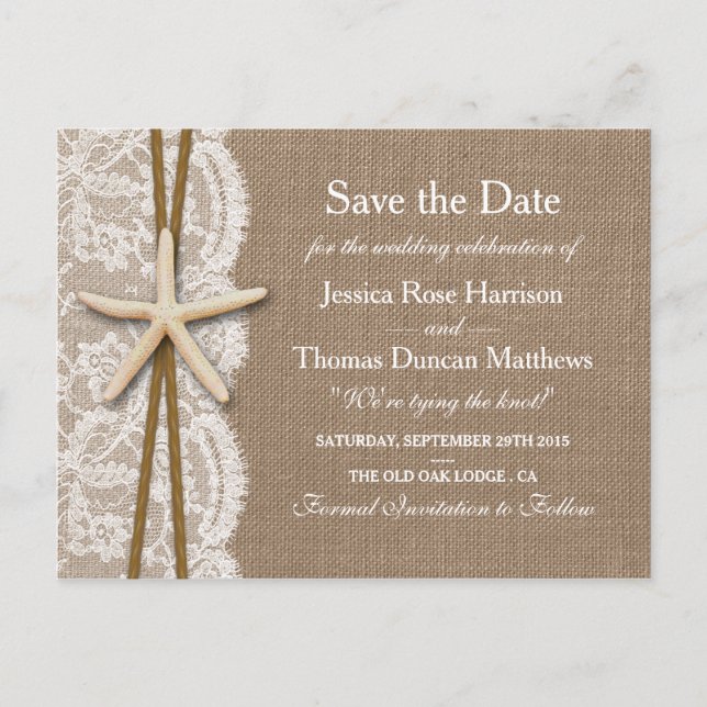 Cartão Postal De Anúncio A Coleção Rustic Starfish Salva A Data (Frente)