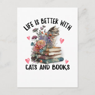 Cartão Postal De Anúncio A vida é melhor com Gatos e Livros Gato Engraçado