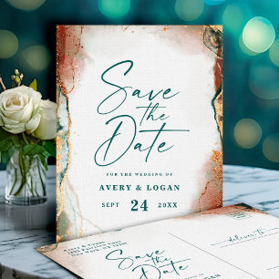 Cartão Postal De Anúncio Abstrato Teal & Casamento outono De Cobre Salvar A