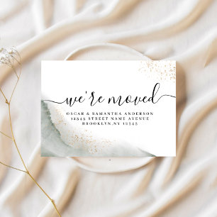 Cartão Postal De Anúncio Abstrato Watercolor Pincel Verde Traços e Dourado