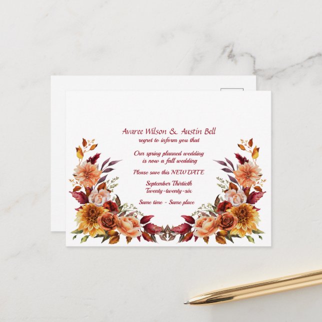 Cartão Postal De Anúncio Adiamento de Casamento Cores de Outono (Frente/Verso In Situ)