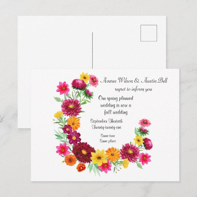 Cartão Postal De Anúncio Adiamento do Casamento da Primavera para o Outono (Frente/Verso)