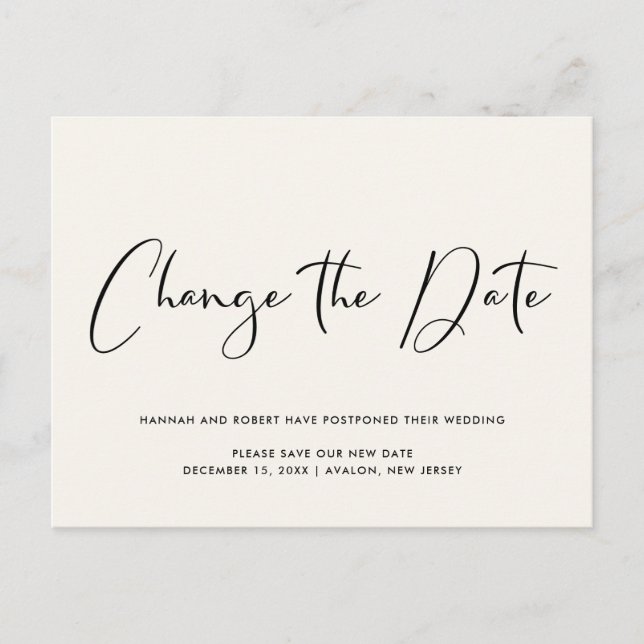 Cartão Postal De Anúncio Adiamento do Casamento Mudar a Data Creme Claro (Frente)