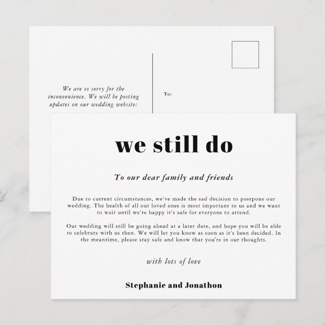 Cartão Postal De Anúncio Adiamento do Casamento Nós Ainda Fazemos COVID Scr (Frente/Verso)