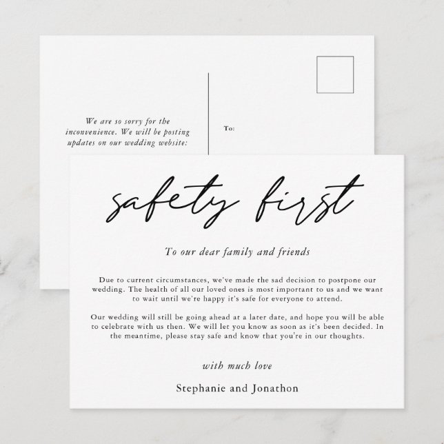 Cartão Postal De Anúncio Adiamento do Casamento Segurança em Primeiro Lugar (Frente/Verso)