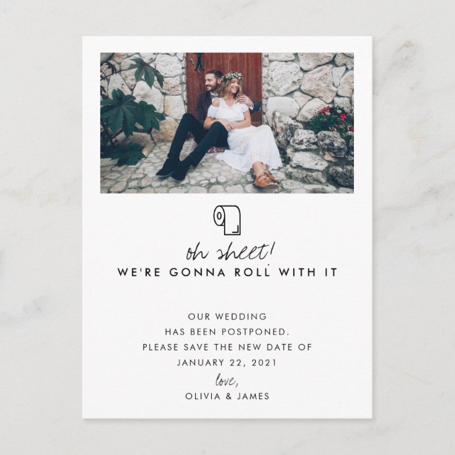 Cartão Postal De Anúncio Adiar Data de Casamento com Foto de Rolar Com Isso (Frente)