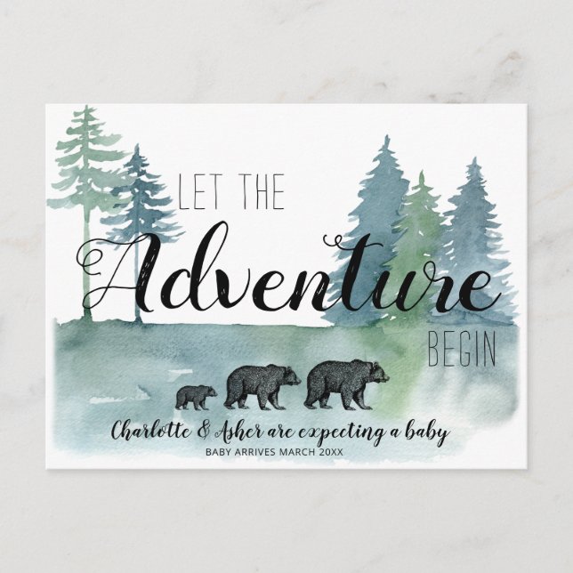 Cartão Postal De Anúncio Adventure Rustic Watercolor Bears Gravidez (Frente)