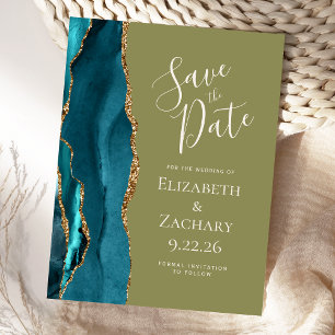 Cartão Postal De Anúncio Ágata Dourada Teal Verde Oliva Casamento Save the