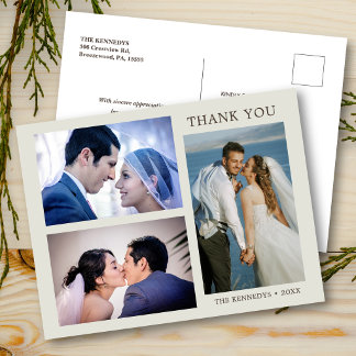 Cartão Postal De Anúncio Agradecimento de Casamento Minimalista com 3 Fotos
