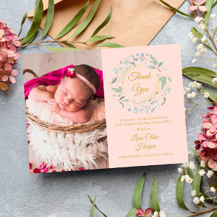 Cartão Postal De Anúncio Agradecimento de Nascimento Bebê Rosa com Fotos e