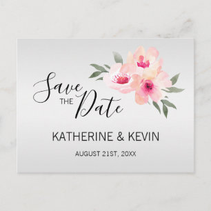 Cartão Postal De Anúncio Água-forte Rosa Cinza Floral Casamento SALVE A DAT