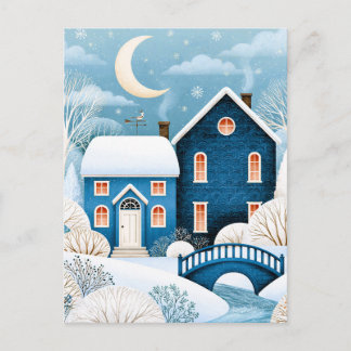 Cartão Postal De Anúncio Aldeia de Inverno da Lua Aconchegante Casa de Neve
