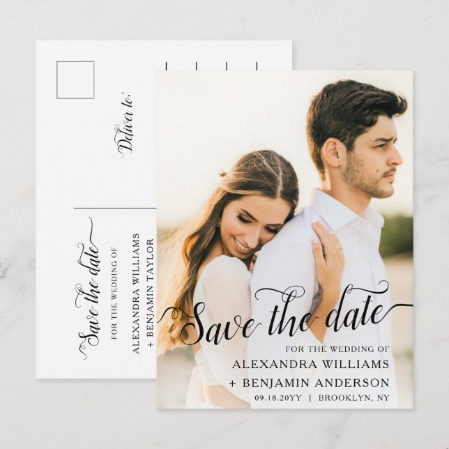 Cartão Postal De Anúncio Alexandra Elegante Caligrafia Foto Save the Date (Frente/Verso)