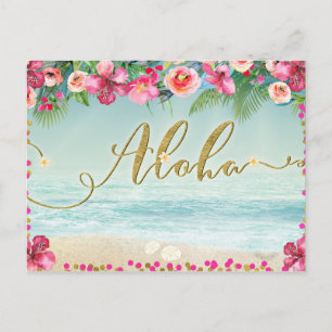 Cartão Postal De Anúncio ALOHA Gold Tropical Praia Hibisco Salve o Data