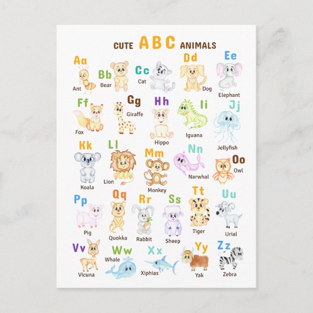 Cartão Postal De Anúncio Alphabet Animal ABC Animais de estimação (Frente)