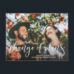 Cartão Postal De Anúncio Alteração de Script de Pincel de Planos Adiada Cas<br><div class="desc">Diga aos seus hóspedes que o casamento foi adiado e dê-lhes uma nova data ou o link para o seu site para obter mais informações com esta alteração bonito do cartão postal. A mudança de planos é escrita através de uma foto da sua escolha em um script de pincel branco....</div>