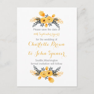Cartão Postal De Anúncio amarelo cinza aquarela floral salvar as datas