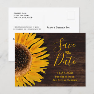 Cartão Postal De Anúncio Amarelo Rústico Marrom Madeira Girassol Salvar A D