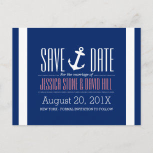 Cartão Postal De Anúncio Âncora Náutica Casamento Azul Royal Save the Date