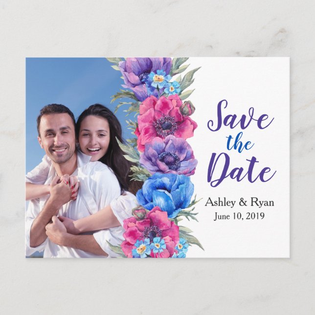 Cartão Postal De Anúncio Anêmona Floral Foto Casamento Save the Date (Frente)