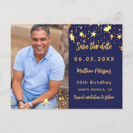 Cartão Postal De Anúncio Aniversário azul marinho dourado salvar a data da 