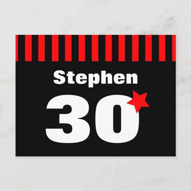 Cartão Postal De Anúncio Aniversário de 30 anos Listras Vermelhas e Pretas  (Frente)