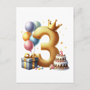 Cartão Postal De Anúncio Aniversário de 3 anos dourado