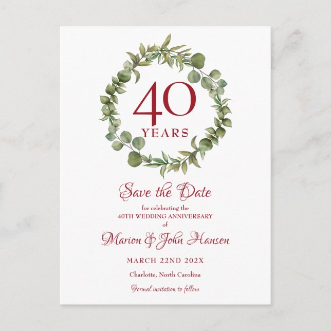 Cartão Postal De Anúncio Aniversário de 40 Anos de Casamento Rubi Salve a D (Frente)