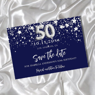 Cartão Postal De Anúncio aniversário de 50 anos azul marinho estrelas prate