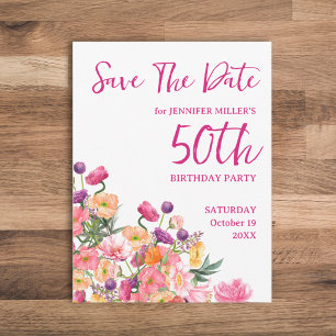 Cartão Postal De Anúncio Aniversário de 50 anos Colorido Floral Salve a Dat