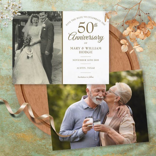Cartão Postal De Anúncio Aniversário de 50 anos de Casamento 2 Foto Salvar  (50th Wedding Anniversary 2 Photo Save The Date Announcement Postcard)