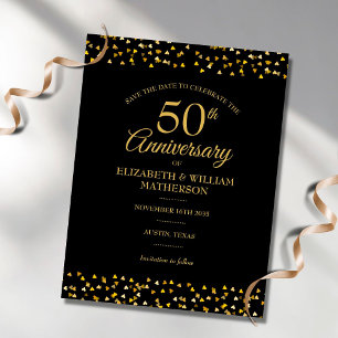 Cartão Postal De Anúncio Aniversário de 50 anos Gold Hearts Save the Date