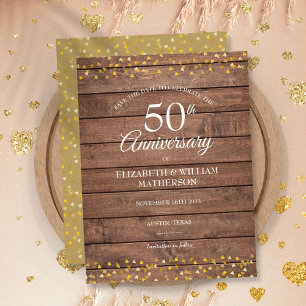 Cartão Postal De Anúncio Aniversário de 50 anos Golden Hearts Wood Save the