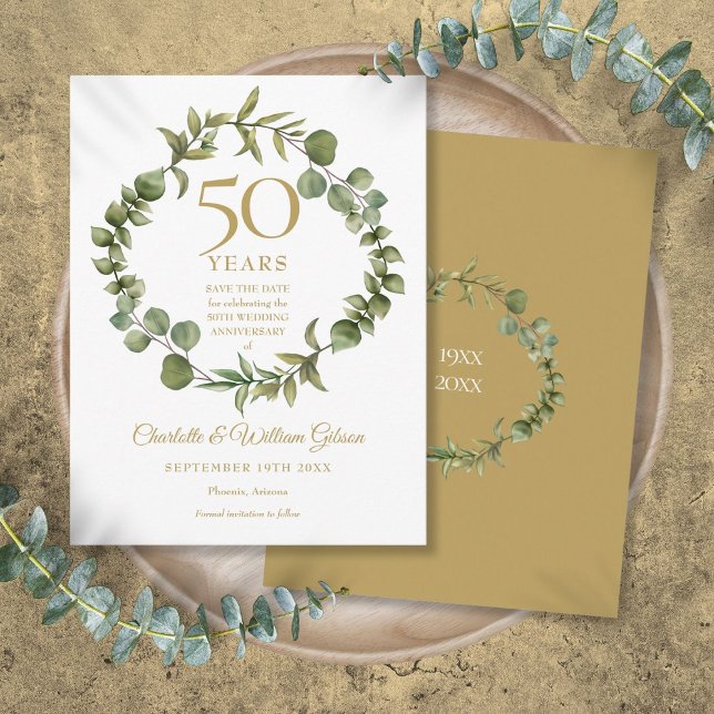 Cartão Postal De Anúncio Aniversário de 50 anos - Salve a Data - Vegetação  (50th Anniversary Save the Date Woodland Greenery Announcement Postcard)