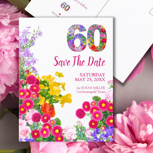 Cartão Postal De Anúncio Aniversário de 60 anos Floral – Desenho Colorido d