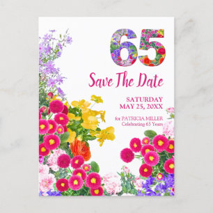 Cartão Postal De Anúncio Aniversário de 65 anos floral moderno Save The Dat