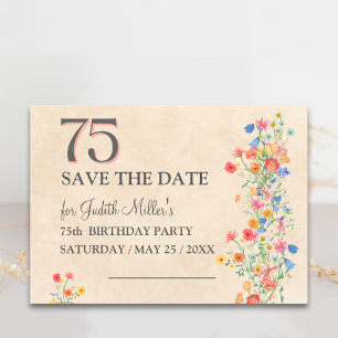 Cartão Postal De Anúncio Aniversário de 75 anos Floral – Elegante Salve a D