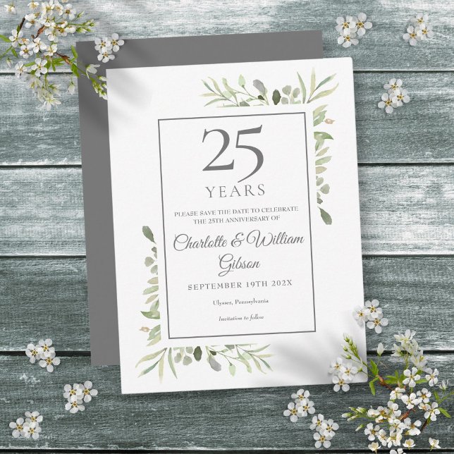 Cartão Postal De Anúncio Aniversário de Casamento 25 Greenery Salve a Data (Greenery 25th Wedding Anniversary Save the Date Announcement Postcard)